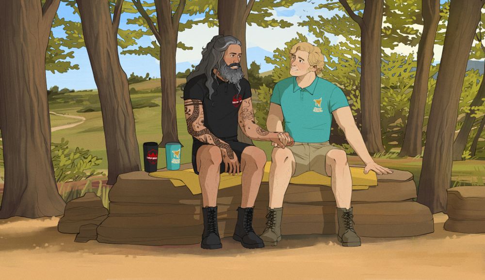 Ed and Stede from OFMD, modern AU, as rival summer camp directors. They are sitting next to each other on golden blanket spread over a low rock, holding hands with coffee tumblers with camp logos to Ed's left. The background is trees and shrubs with a path visible in the distance. 
