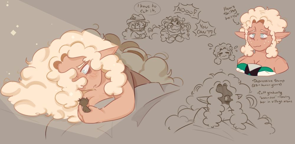 A series of doodles involving Hemlock's fiance Eve - an elven cult leader who, in this AU, got ditched by her cult after she get depressed due to Hemlock leaving.