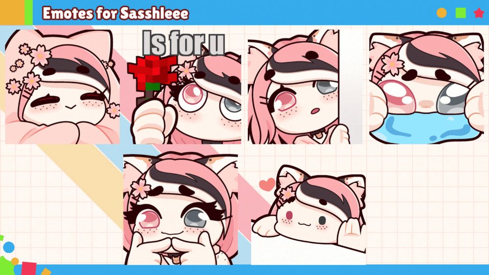 A showcase of 6 emotes featuring Sasshleee. The first is Sassh wrapped in a cozy blanket. The second is Sassh holding up a Minecraft rose with the text "Is for u". The third is Sassh peeking around a corner. The fourth is Sassh collapsed, sobbing. The fifth is Sassh pushing two of her fingers together in a shy fashion. The last is Sassh patting a table as a looping GIF, vaguely in the style of Bongo Cat.