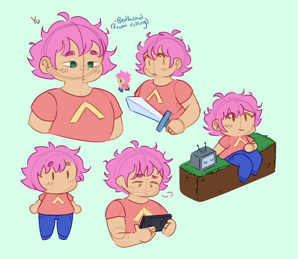 Doodle page of Yu, the protagonist of Afterplace. They have bright pink, messy hair and a pink t-shirt with a yellow symbol on it.