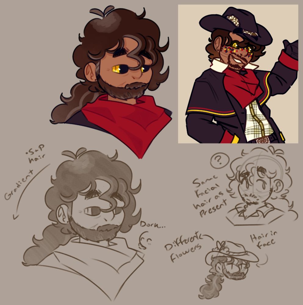 Concepts for an older version of Hemlock featuring longer hair pulled back in a ponytail and a beard. His younger/current self is in the upper right for reference.