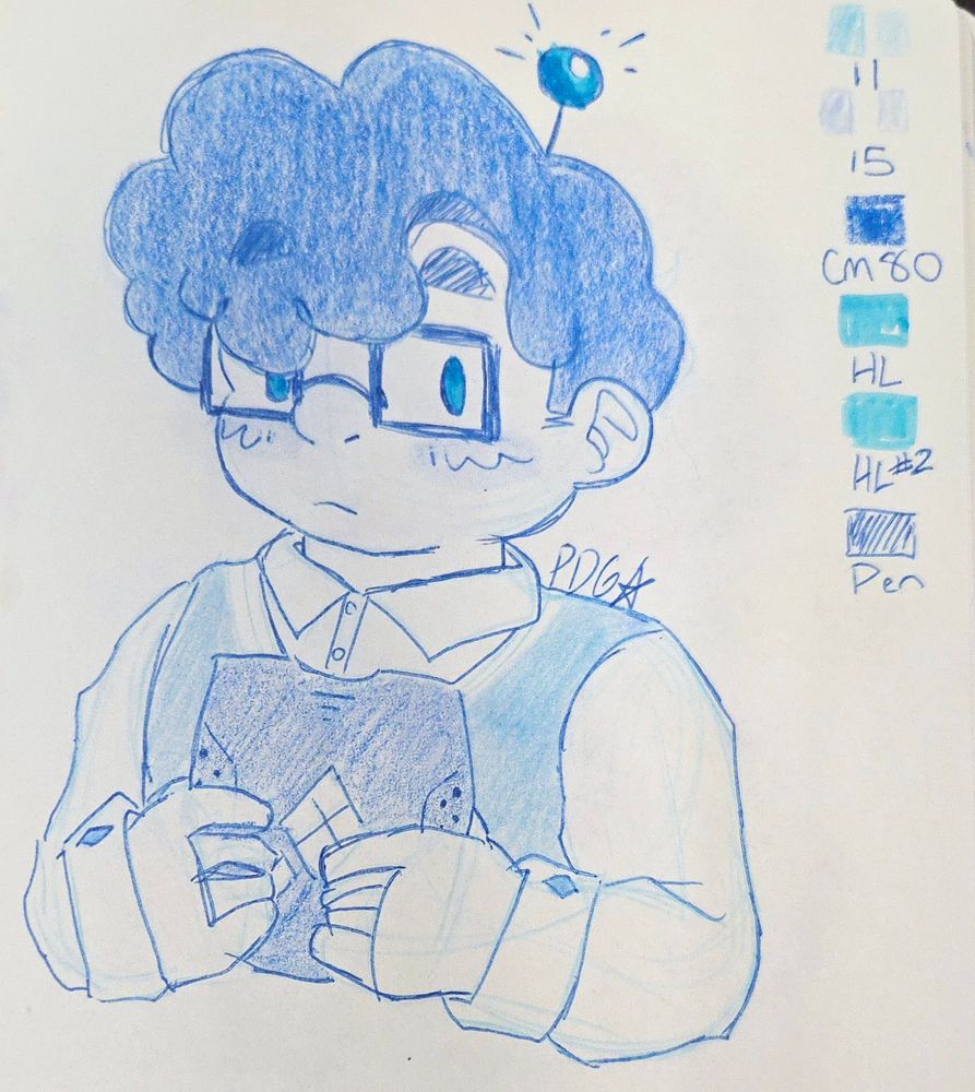 Traditional doodle of "Factory Settings" Pixel. Bust up doodle done in all blue art supplies. Shows Pixel with a neutral expression looking to the right side of the page.