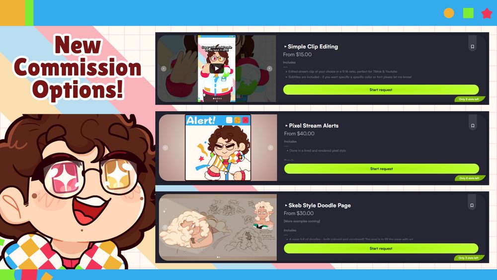 A simple promo graphic showing off 3 new services on Pixel's VGen. On the left is art of Pixel looking excited with the text "New Commission Options" above him. To the right are the 3 new services which from top to bottom are Simple Clip Editing, Pixel Stream Alerts, and Skeb Style Doodle Page.