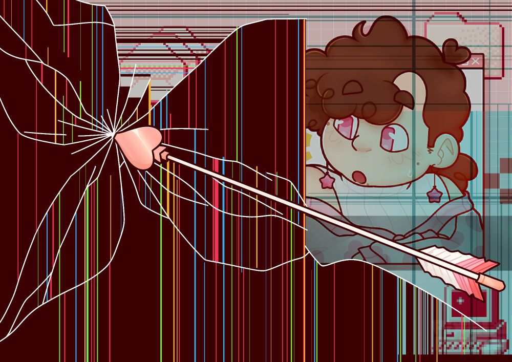 An illustration of Pixel in his Digital Casanova outfit. Pixel is shown on a screen, leaning out of a pop out window while a heart shaped arrow sticks out of the left side of the image like it's pierced the screen. Most of the image is over taken by cracks and screen decay, with the left side being mainly blacked out with streaking lines of color. To the right side of the image Pixel is somewhat visible looking tables the arrow with a surprised expression. The background behind him is heavily obscured by the cracks, blackout, and distortion but can be made out to be pink with Windows 95 icons peppered about in a vapourwave like aesthetic.
