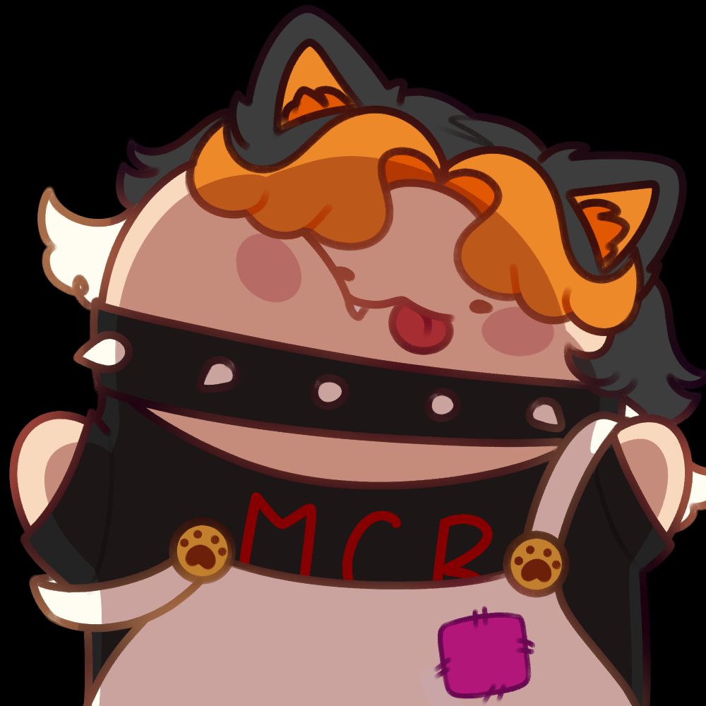 A squishy chibi of a dog girl character pressed up against the screen staring at the viewer. She wears overalls with a t-shirt under it along with a black spiked collar.