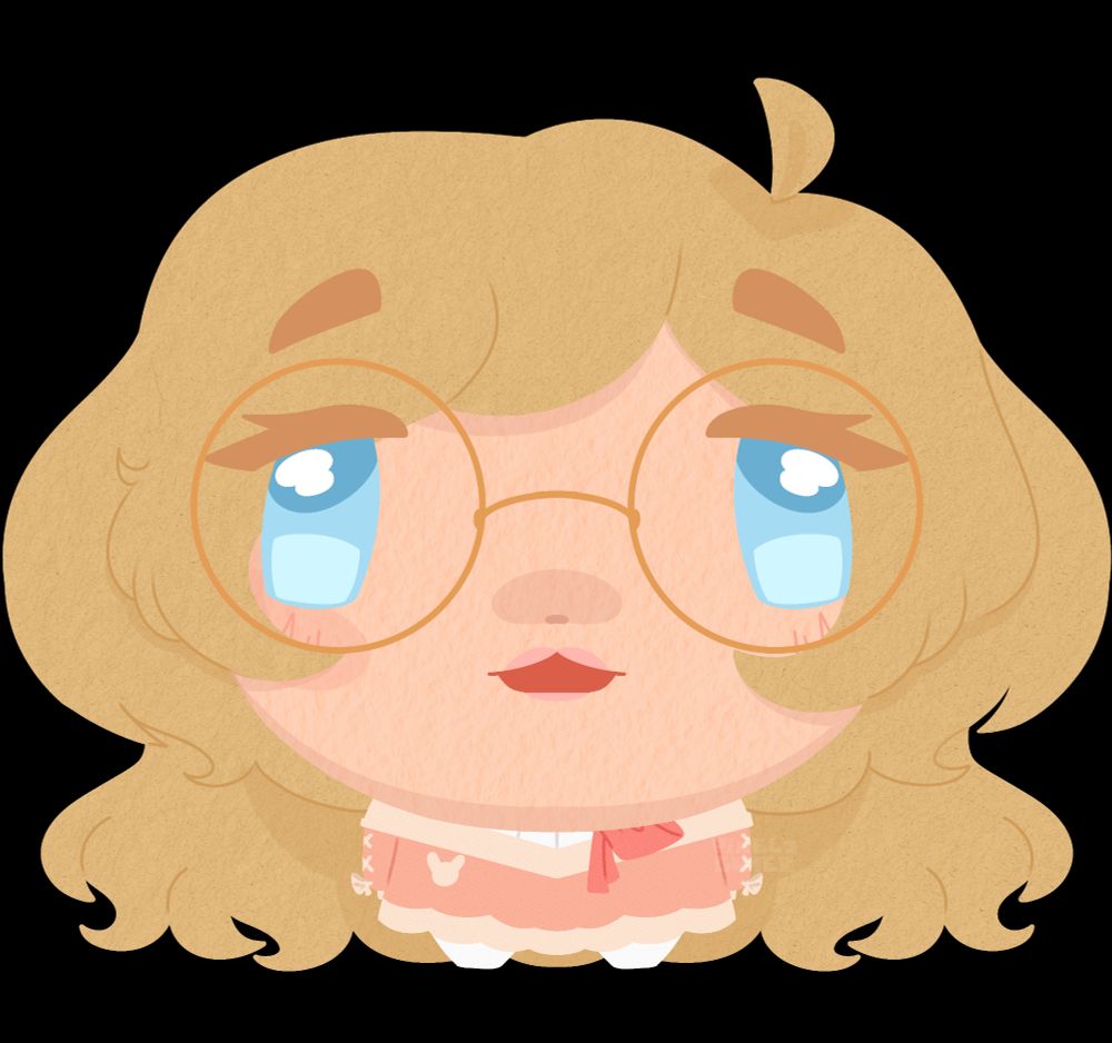A lineless stylized chibi character distorted like they're starting at a fisheye lens.