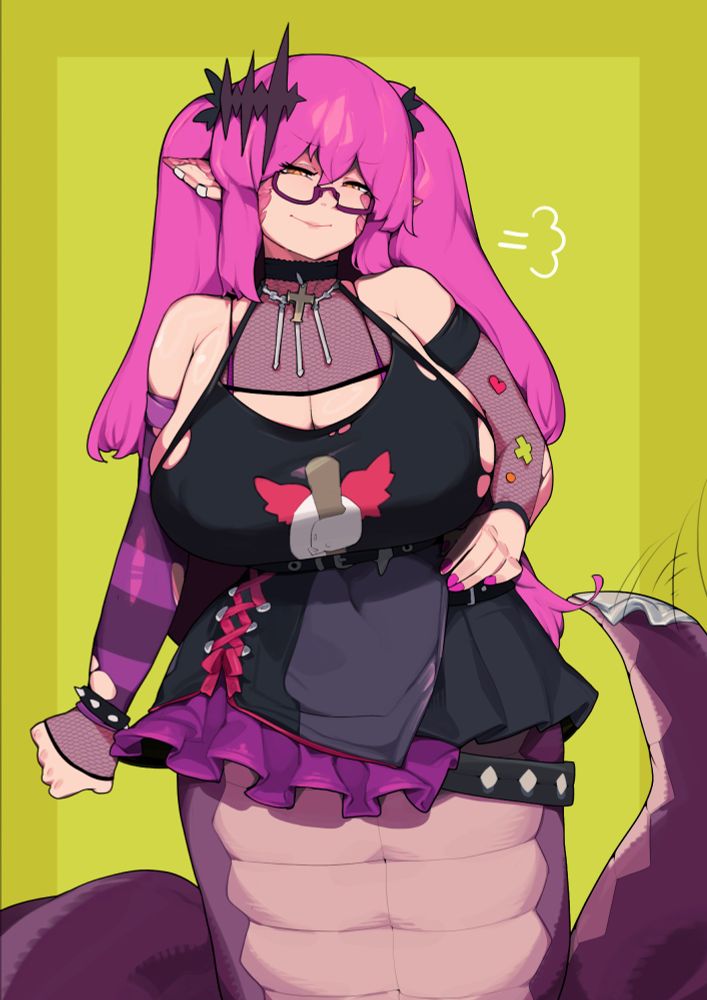 A vampire with purple twintails and a gothy outfit. She is now a snake lady. 