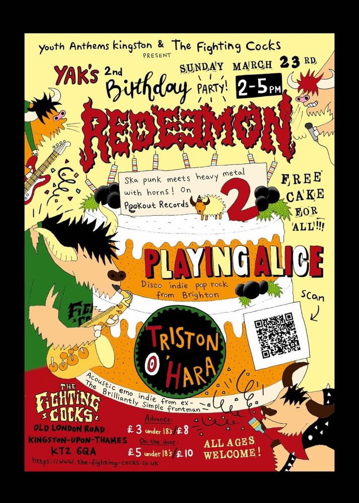 Gig poster for Yak's 2nd birthday with Redeemon playing at the Fighting Cocks on Sunday 22nd March
