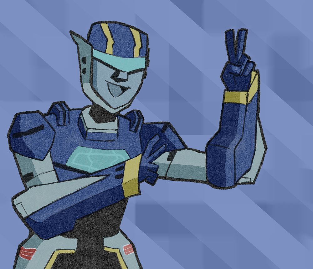 drawing of jetstorm from transformers animated.  he is posing doing 2 peace signs with his hands.