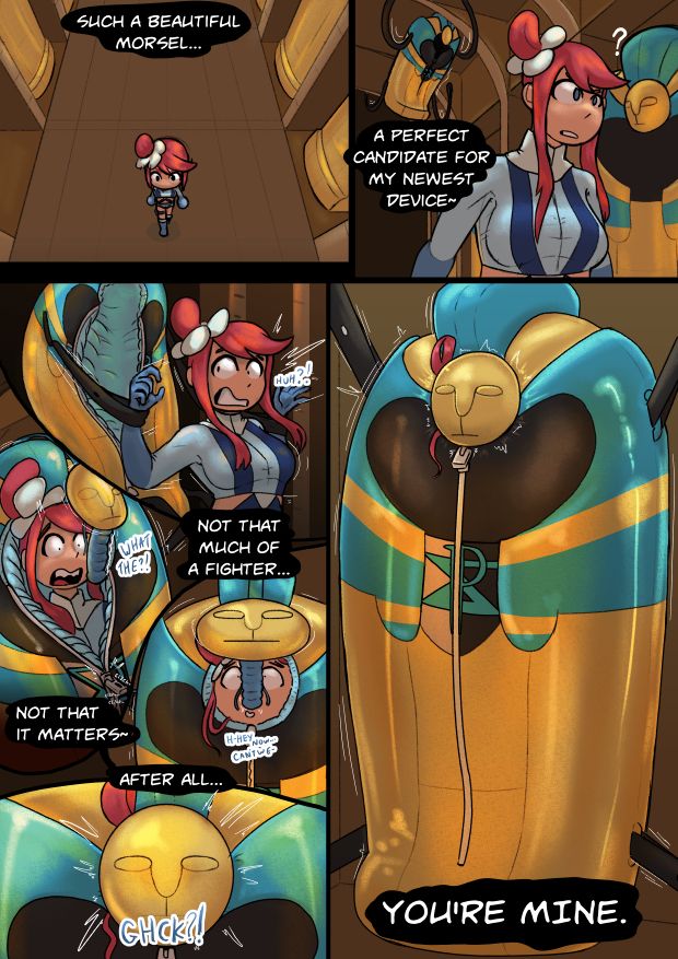 a 6 panel comic of Skyla from pokemon black/white wandering around a tomb and being captured by a rubber sleepsack styled after a cofagrigus with 4 straps instead of hands and no face in the opening.