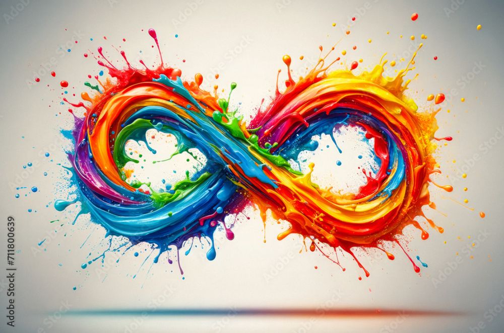 Rainbow colourful infinity symbol autism rights advocates.  It appears like multicolored paint floating in air with spatters in all directions.

AI generated Autism logo from Adobe stock images.  #711800639