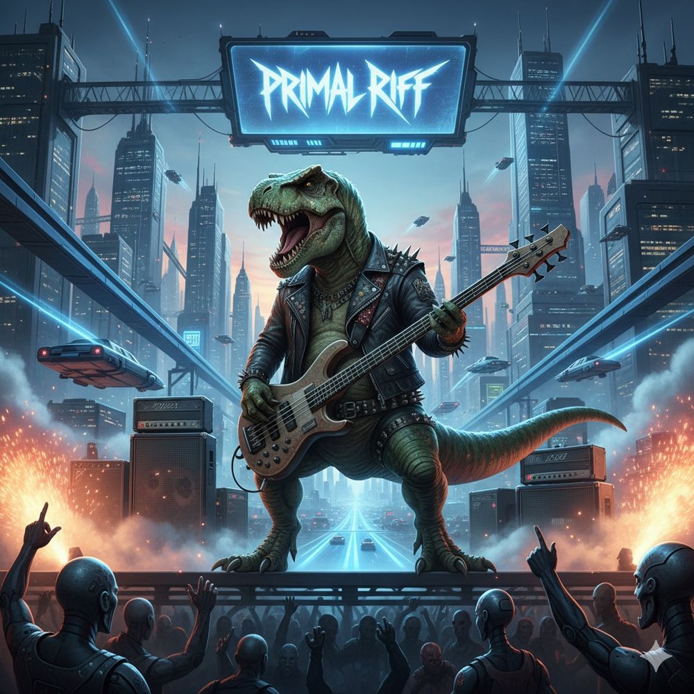 tRex playing bass guitar on stage in a futuristic city with flying cars, with a sign that reads "PRIMAL RIFF" ?between 2 skyscrapers? and again, 4 strings, but 6 tuning pegs.

Not sure where it came up with the name primal riff, but it kinda rocks!
