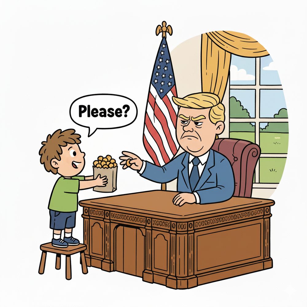 cartoon image of boy offering tater tots to the president behind the resolute desk, and asking him "Please?"