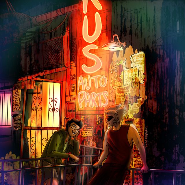 Dirk and Jake outside an auto shop. It’s dark and the sign is glowing. Dirk is leaning back on the railings. Jake is leaning forward, resting his elbow on the railings and his cheek in his hand. He’s grinning.
