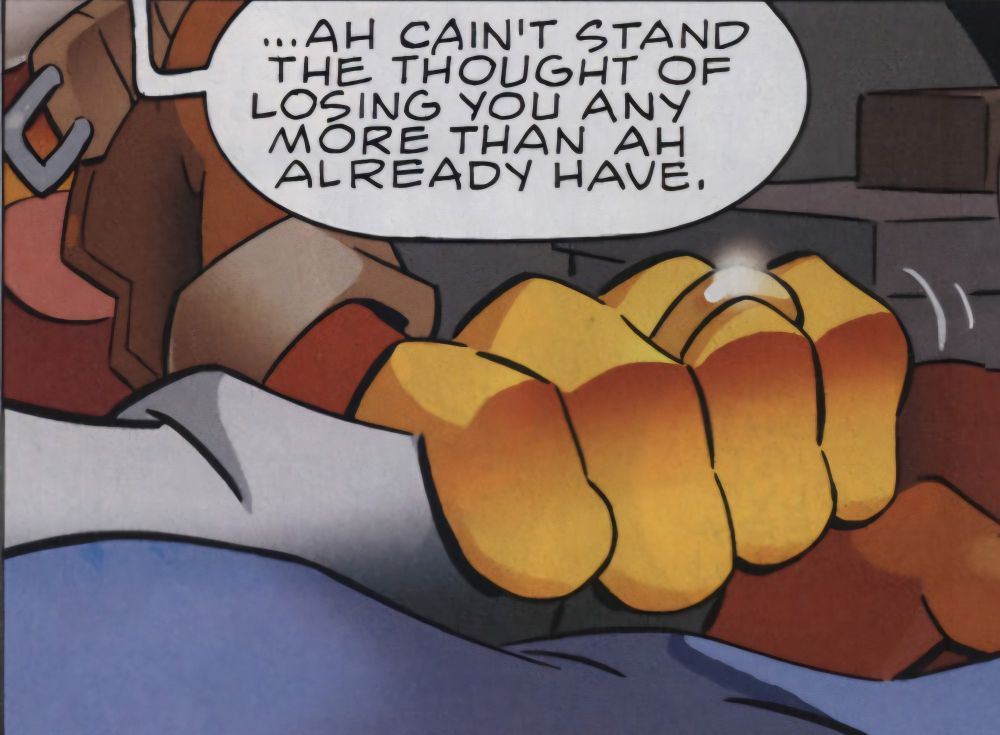 Orange hand covering another hand that's laying underneath a blanket. The hand on top has a wedding ring on. An off-panel face says "Ah can't stand the thought of losing you any more than I already have."
Names are being kept vague on this post to avoid spoilers. 