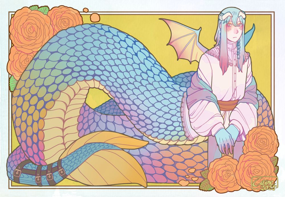 Drawing of my OC Faren, who has a humanoid upper body with light skin, scaled blue hands, white horns and light blue hair, and serpentine lower body. His hands are touching and his serpent body is slightly raised to lift up his upper body. Behind him are orange roses and a yellow box shape. 