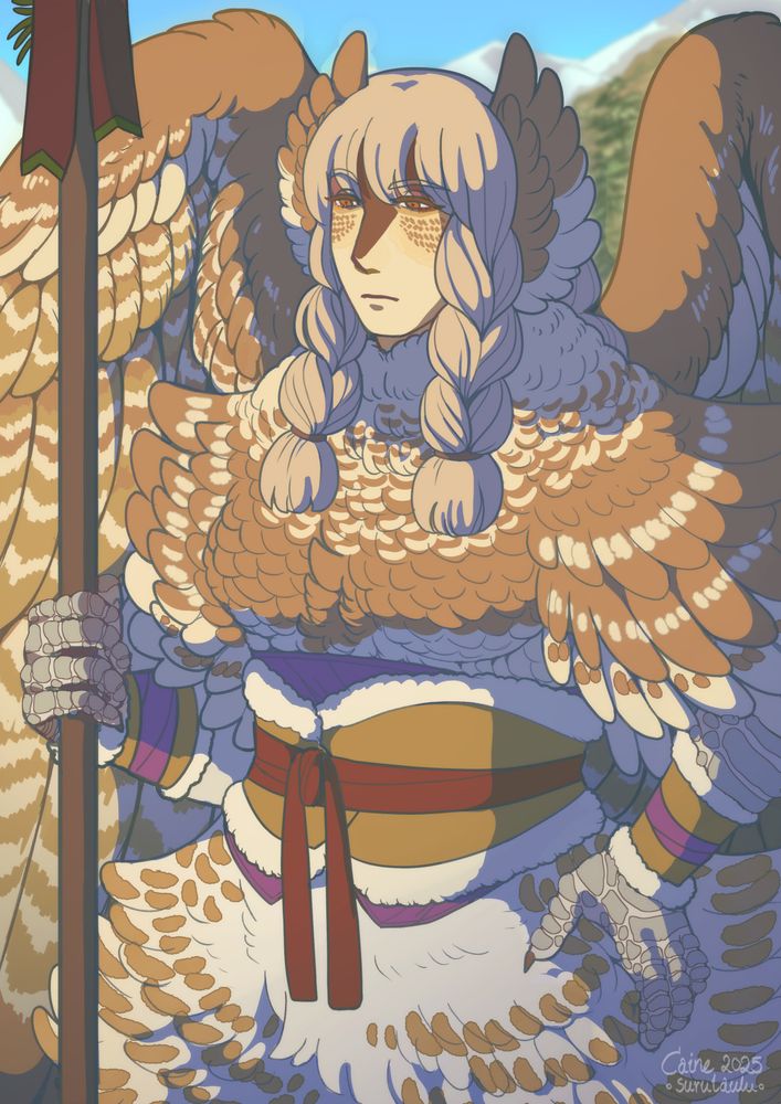 Drawing of my harpy OC, Ka-aar, holding a spear with his right hand while looking somewhat pensive. Behind him a glimpse of high mountains and forest can be seen. 