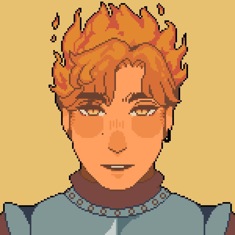 Zoomed up pixel illustration of Aarne, an ifrit barbarian. He's looking at the viewer with a self-assured half-grin. He has warm orange skin and his hair transitions into flames. 