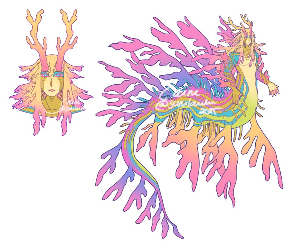 Drawing of a monster person modelled after the leafy sea dragon. Image on the left shows a close-up of the face, and the one on the right a fullbody. The background is white, and the character has various hues of red, green and magenta on their design. 
