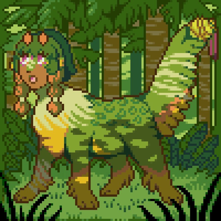 Pixel art drawing of Naava, my curio OC. He's in his quadrupedal form looking upwards with wide eyes and open mouth. The environment depicted around him is a rainforest floor. 