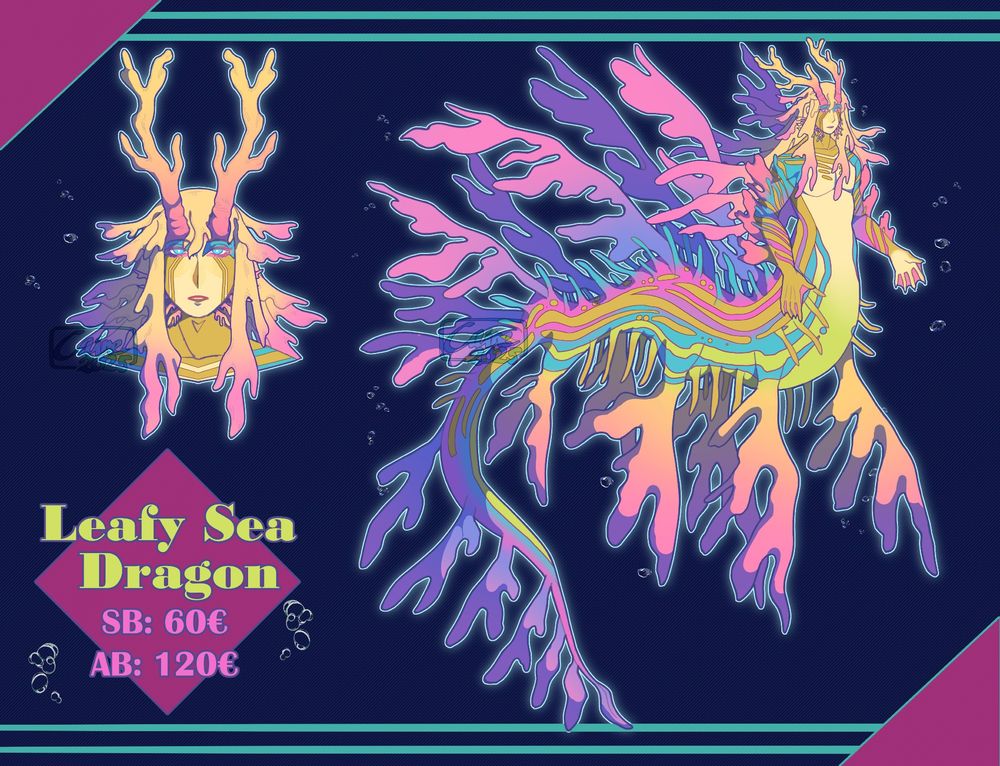 Drawing of a monster person modelled after the leafy sea dragon. Image on the left shows a close-up of the face, and the one on the right a fullbody. The background is dark blue with bubbles. Text reads: Leafy Sea Dragon. SB: 60€. AB: 120€ 