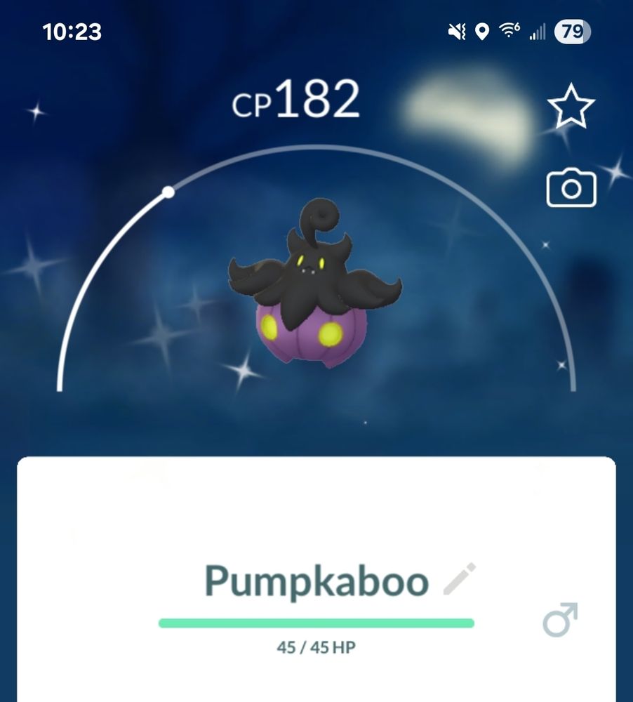 Shiny pumpkaboo in pokego: its gourd body is purple instead of orange with ghostly green eyes