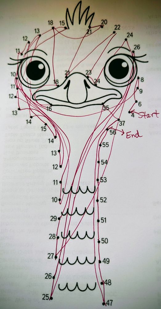 Terrible connect the numbers version of an ostrich, underlying drawing done by idiot AI. Looks like bad string art.