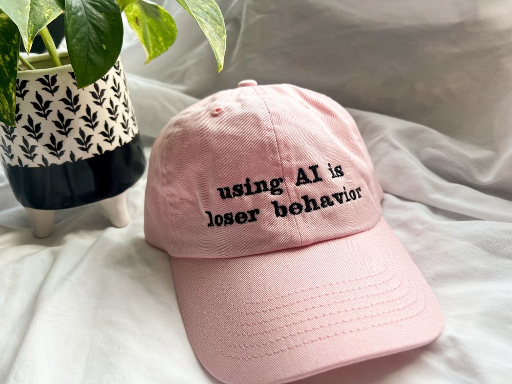 pink baseball cap that says “using AI is loser behavior”