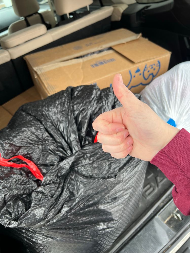 boxes and bags full of clothing in the trunk of a car. noelle is holding a thumbs up in front of them
