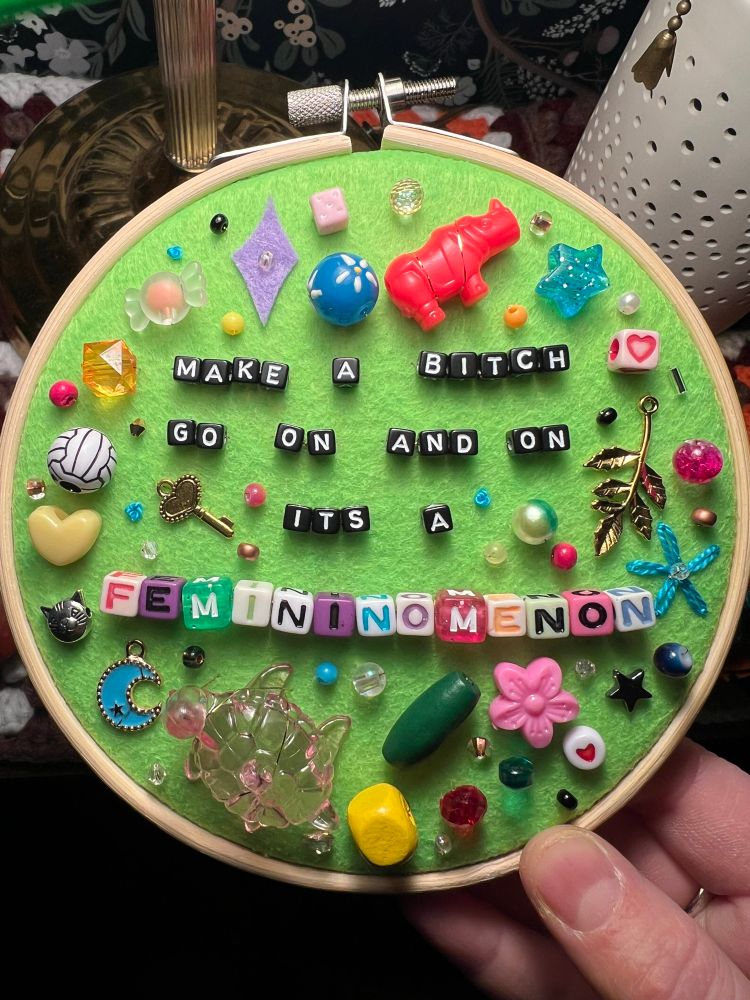 chaotic charm embroidery with lyrics from chappell roan’s song “femininomenon”: “make a bitch go on and on, it’s a femininomenon”