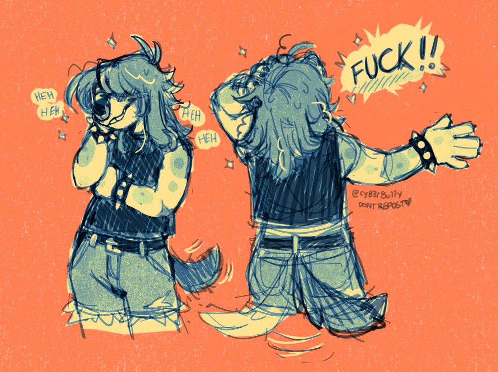 Two drawings of an anthro canine. 
On the left, he giggles to himself with a stupid grin, head supported in one hand.
On the right he's facing away from the viewer, one arm extended out while the other grips his head, shouting "FUCK!!"

His tail's wagging in both scenes.