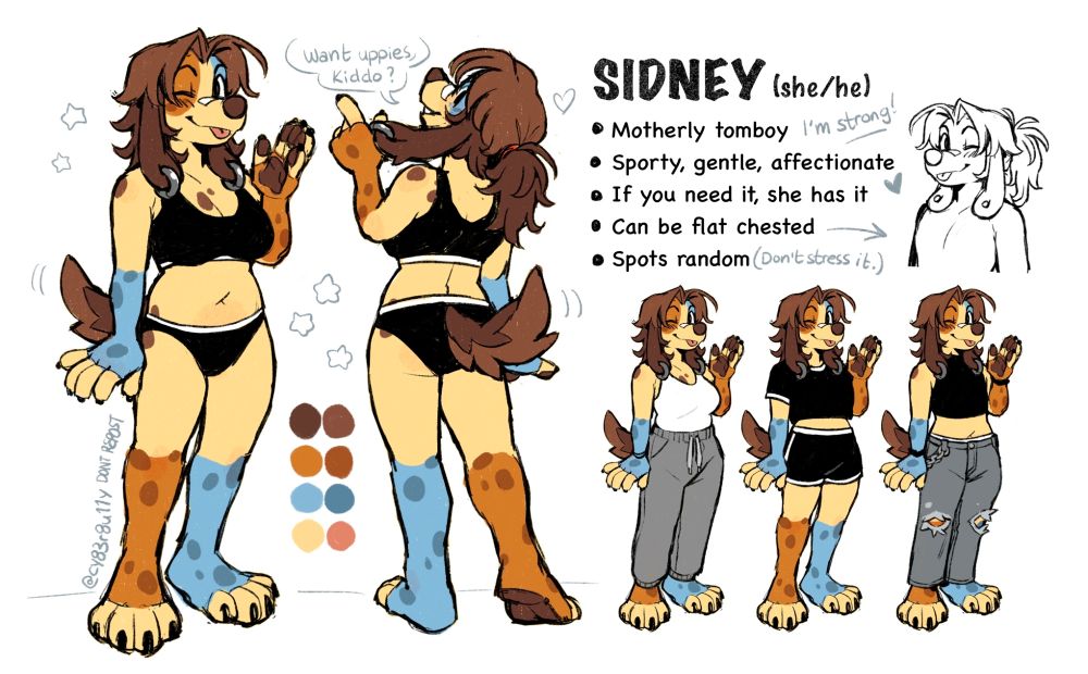 A reference sheet of my momdog, Sidney. It describes how she's a motherly tomboy who is sporty, gentle and affectionate, and shows her in a few different outfits.