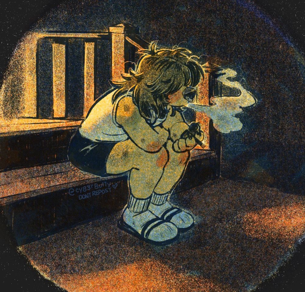 A backlit anthro canine illustrated sitting on back deck steps at night smoking a cigarette. He appears lost in thought.