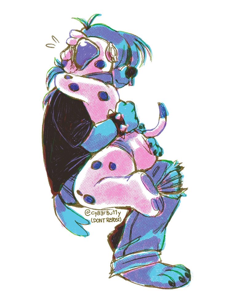 Illustration of two anthro dogs; a smaller pooltoy one is seated in a larger dog's lap facing them in an embarrassed embrace, as the large one cups their rump with a large paw.