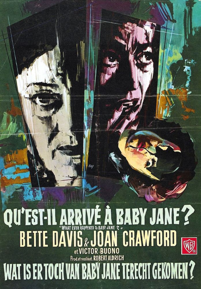 Poster features a creepy painting of Bette Davis and Joan Crawford's faces and a broken doll.