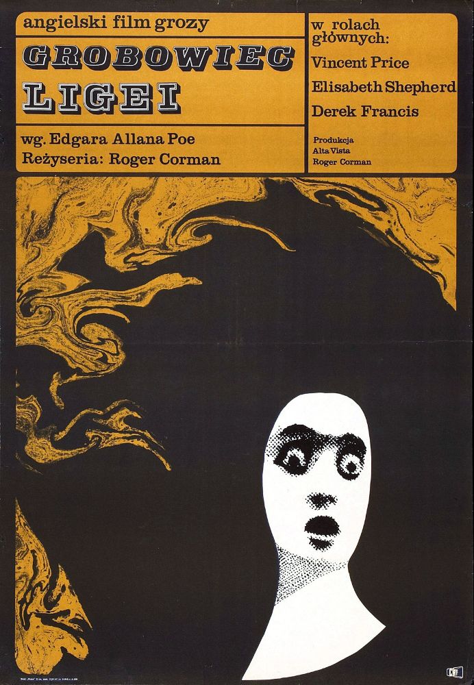 Poster features a painting of a pale white woman with black hair flying everywhere.