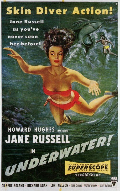 Poster features a painting of Jane Russell swimming deep beneath the sea in a skimpy red bikini.