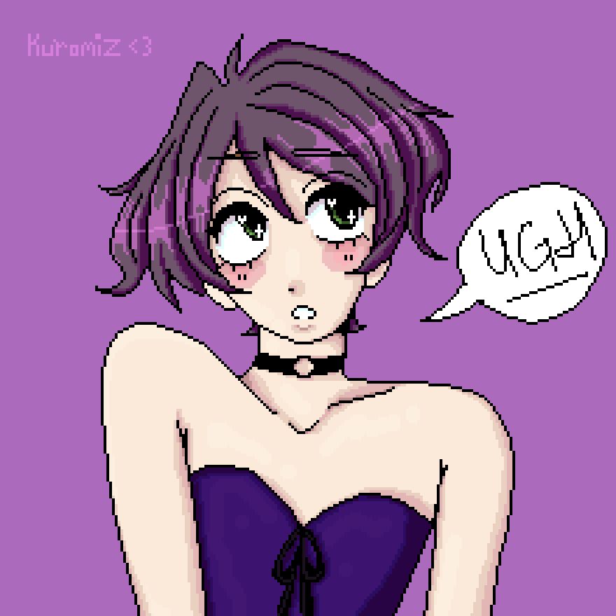 wren bust shot, pixel art, she’s thin and white with a black ring choker and a purple sweetheart cut top she has purple hair and green eyes. she is saying ugh