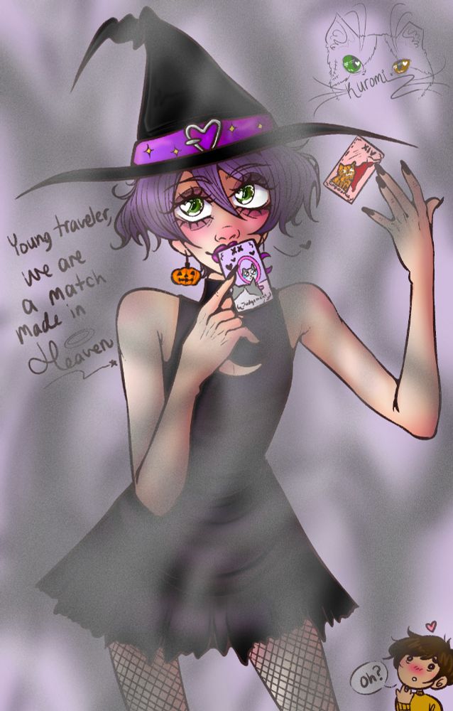 Wren, a thin enby with purple hair and green eyes, in a foggy area, holding tarot cards saying to her boyfriend "young traveler we are a match made in heaven." she's dressed as a witch, the tarot cards are her assigned card and her boyfriends assigned card. Judgement and Temperance.