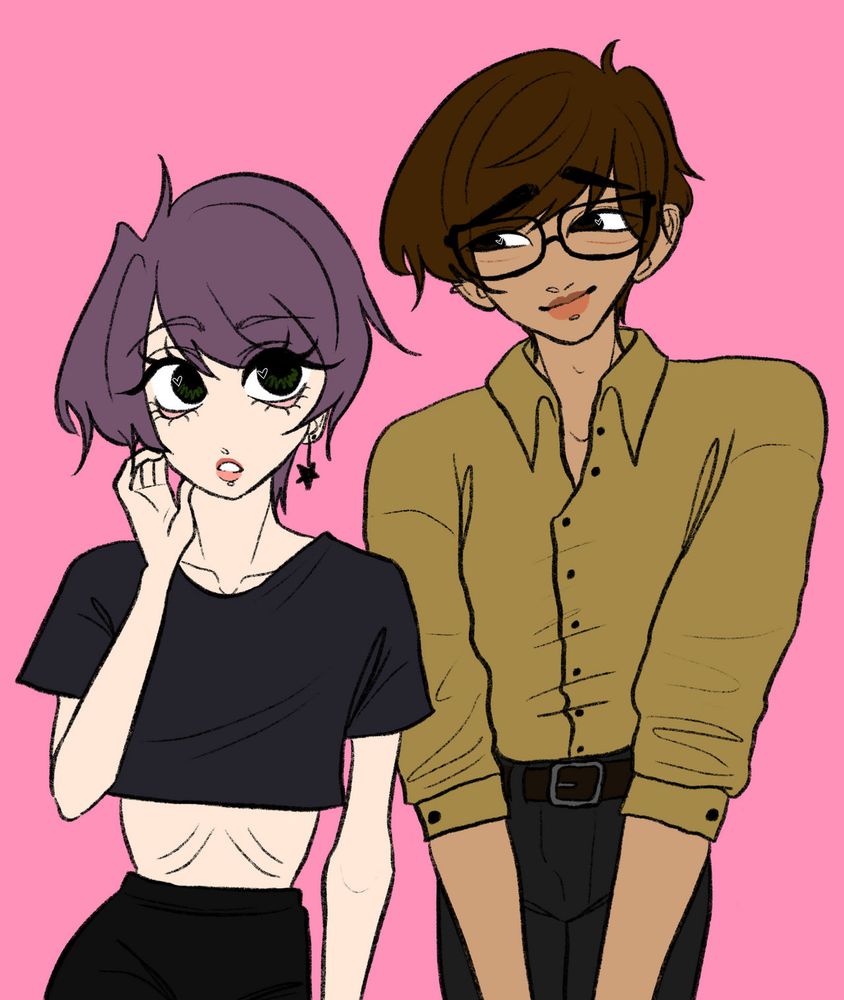 wren, an underweight enby with short purple hair and their boyfriend next to them, harper, a tall asian man in a mustard yellow button up and glasses