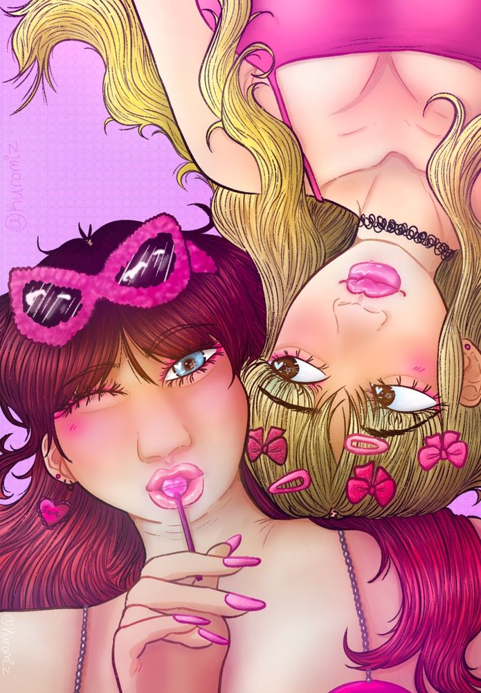 summer, a chubby asian person holding a sucker in her mouth, summer is winking. and her trans masc lesbian girlfriend above her, theyre laying down and jordyn is upside down. he's looking at summer.