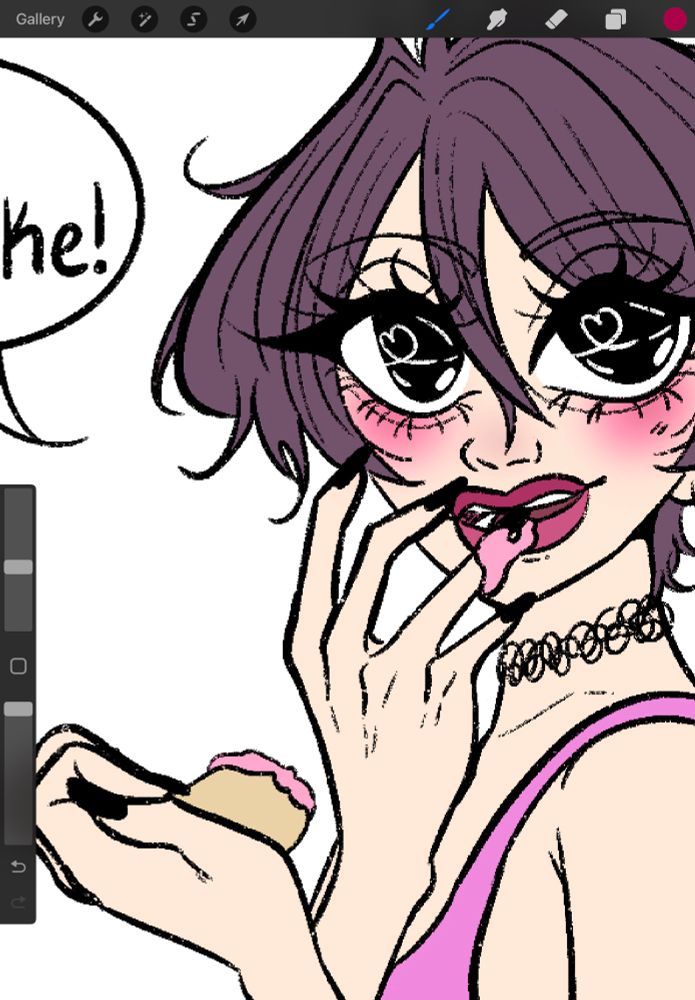 Preview wip of Ko-fi member exclusive art!  wren eating cake with frosting on her finger.