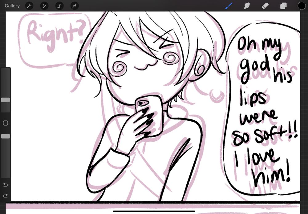 Wren saying "oh my god, his lips were so soft i love him!!"

The other panel says "right?" it's harpers thoughts, we don't know what he says before that.