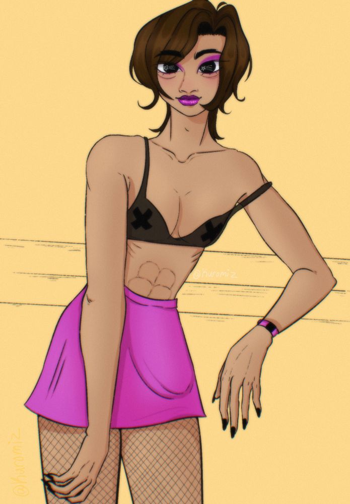 Harper Huang, A Chinese man in Black X shaped pasties, a see thru black bralette, a very short pinkish purple circle skirt with fishnets. He has long nails and his hair is growing out because he needs a change. His eyeshadow and lipstick match his skirt.