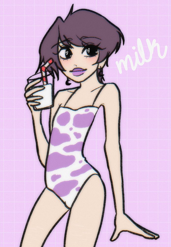 wren in a white and purple cow print one piece. holding milk