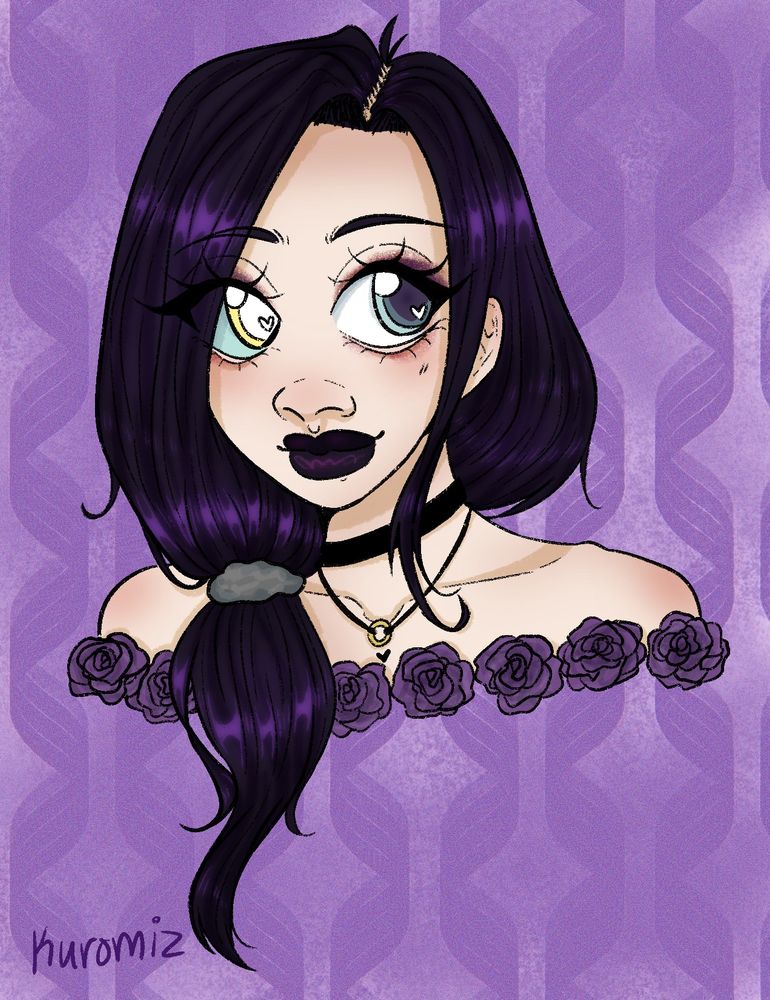 a gothic character with two different eyes, roses below her and dark makeup and black hair