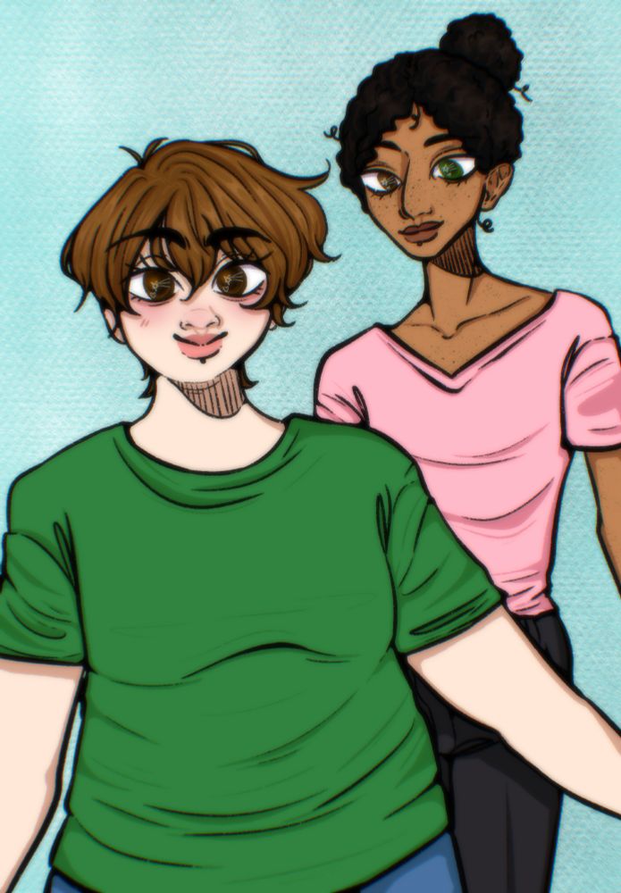 Colin and Adam. Colin is a chubby white man with fluffy brown hair, and dark brown eyes. Adam is a tall skinny mixed race man with one brown and one green eye.