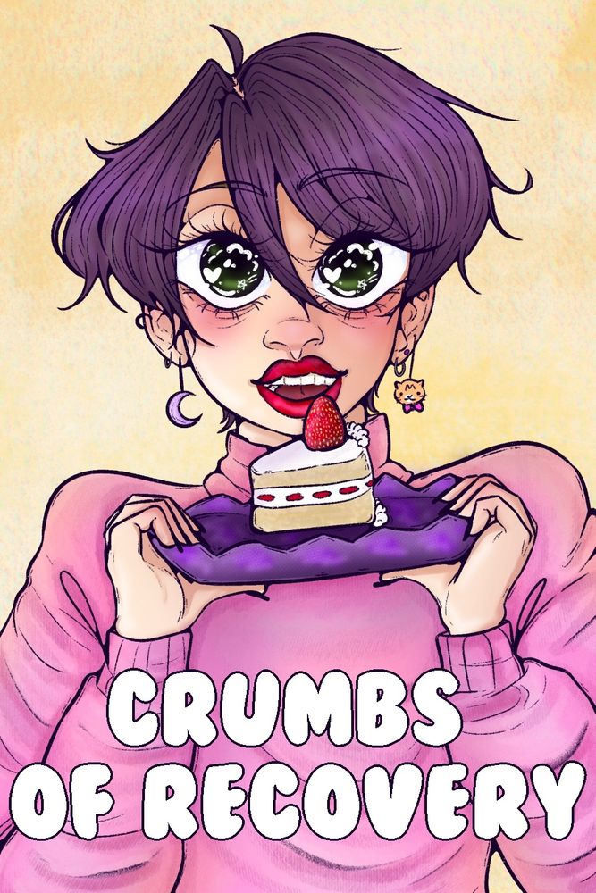 Wren, a white enby with big green eyes and short purple hair, a pink sweater. they're holding a purple plate with a strawberry short cake on it. the text " Crumbs of Recovery " (which is the title) is under them.