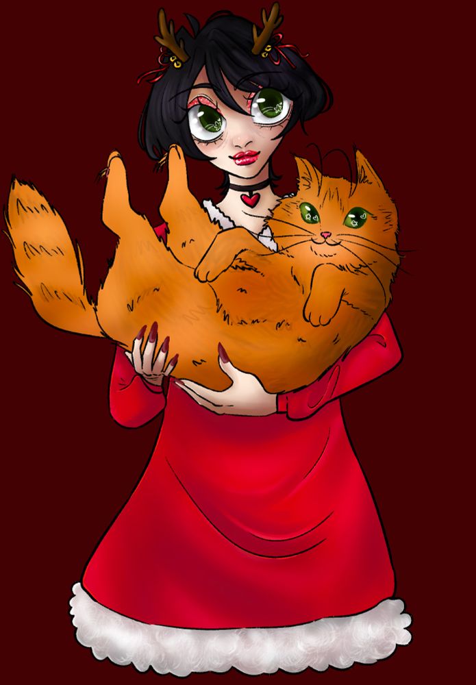 Wren holding her long haired half maine coon orange boy, link, in a chirstmas dress with antlers on her head.