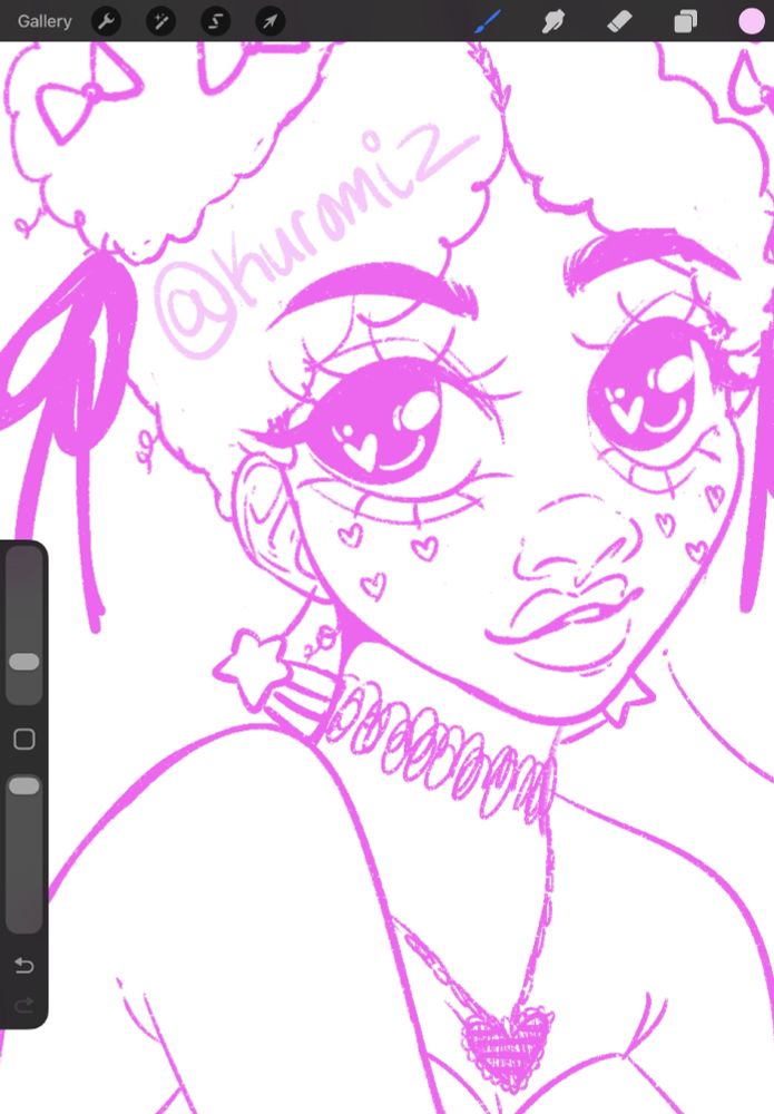 Sketch in pink lines of vivi, a black woman with fluffy hair in pigtail buns, and she has necklaces on and earrings and bows in her hair.